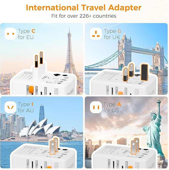 TESSAN Universal Travel Adapter, 65W GaN International Plug Adaptor with 4 USB(2 USB C) Charging Ports, Worldwide Power Outlet for US to European EU UK AUS Ireland(Type C/G/A/I)