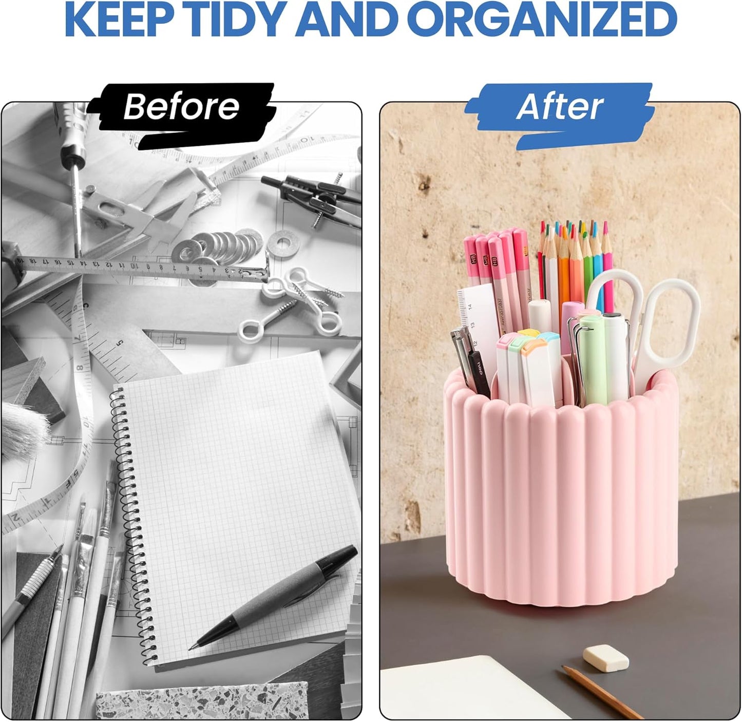 Desk Organizer, 360° Rotating Pen Holder for Desk, Pencil Cup with 7 Compartments Storage Box Caddy for Kids, Office, School, Home (White)