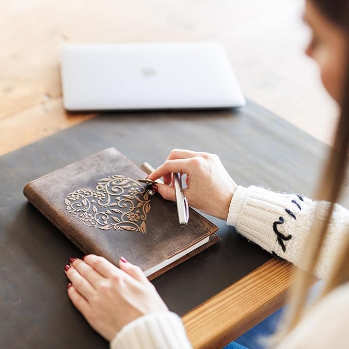 moonster Refillable Leather Journal Embossed Heart Shape Cover Design Journals with Pen – Milled A5 Leather Journal Lined Paper - Journals for Women – Leather Vintage Journal - 320 Pages