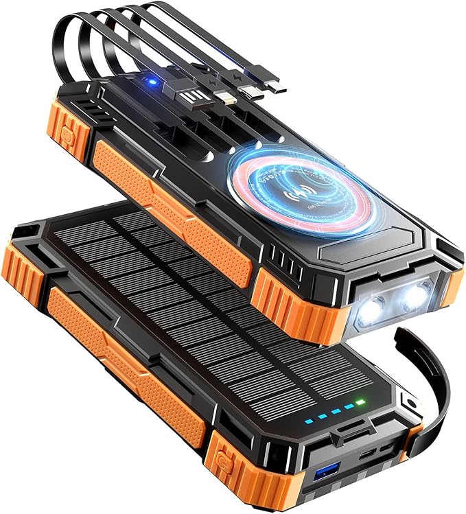 Solar Charger Power Bank 49800mAh 22.5W Portable Charger, 15W Wireless Charging QC 3.0 Fast Charging with LED Flashlight, Built-in 4 Cables, USB-C in/Output