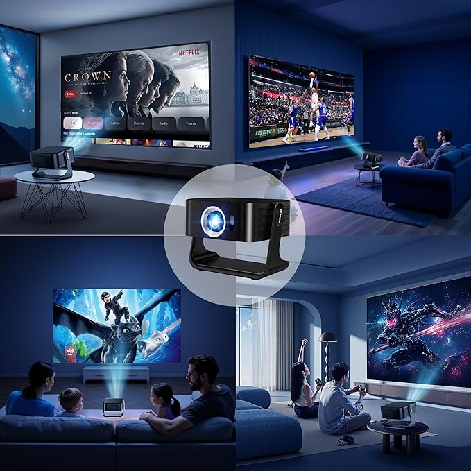 [Netflix-Licensed Projector] Projector 4K , 1080P Smart Mini Projector with WiFi & Bluetooth, Portable Outdoor Projector Auto Focus & Keystone, 270° Adjustable Stand for Home Movie Projector - Black