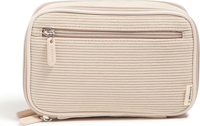 U Brands Dual Zip Corduroy Travel Electronics Organizer, Tech Travel Case, Portable Travel Bag, Cord Storage, 8" x 5.25" x 2.5", Sand Beige