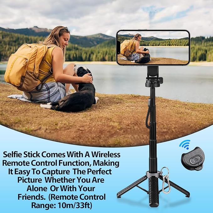 4-in-1 Multifunctional 360° Rotation Magnetic Selfie Stick, Portable Pocket Size Selfie Stick with Rechargeable Remote, Extendable Detachable Cell Phone Tripod for iPhone & Android