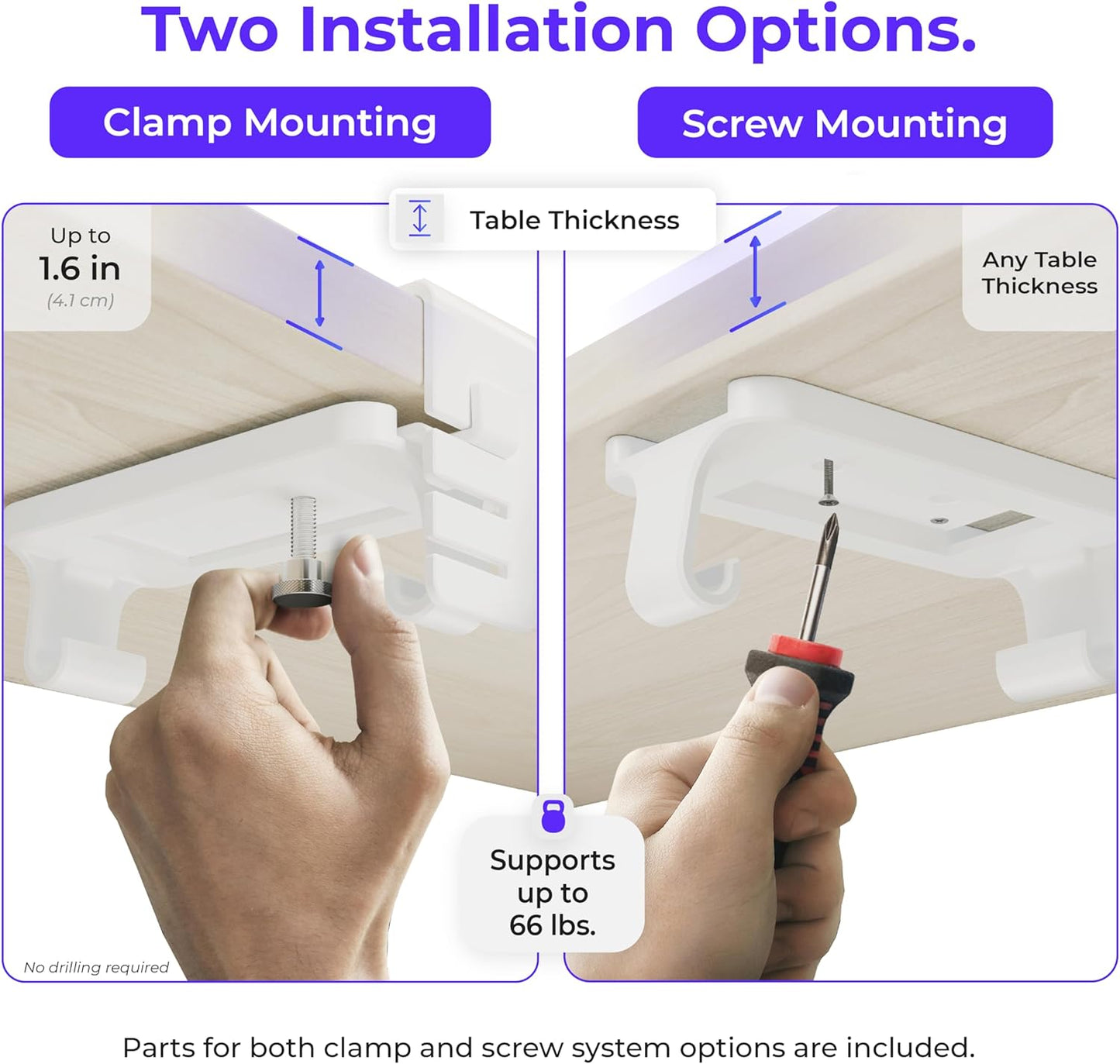 Original No Drill Under Desk Cable Management Tray 53.9" - Premium White Fabric Cable Management Under Desk - Clamp/Screw Mount Cord Organizer - Supports Upto 66lbs - Extra Large