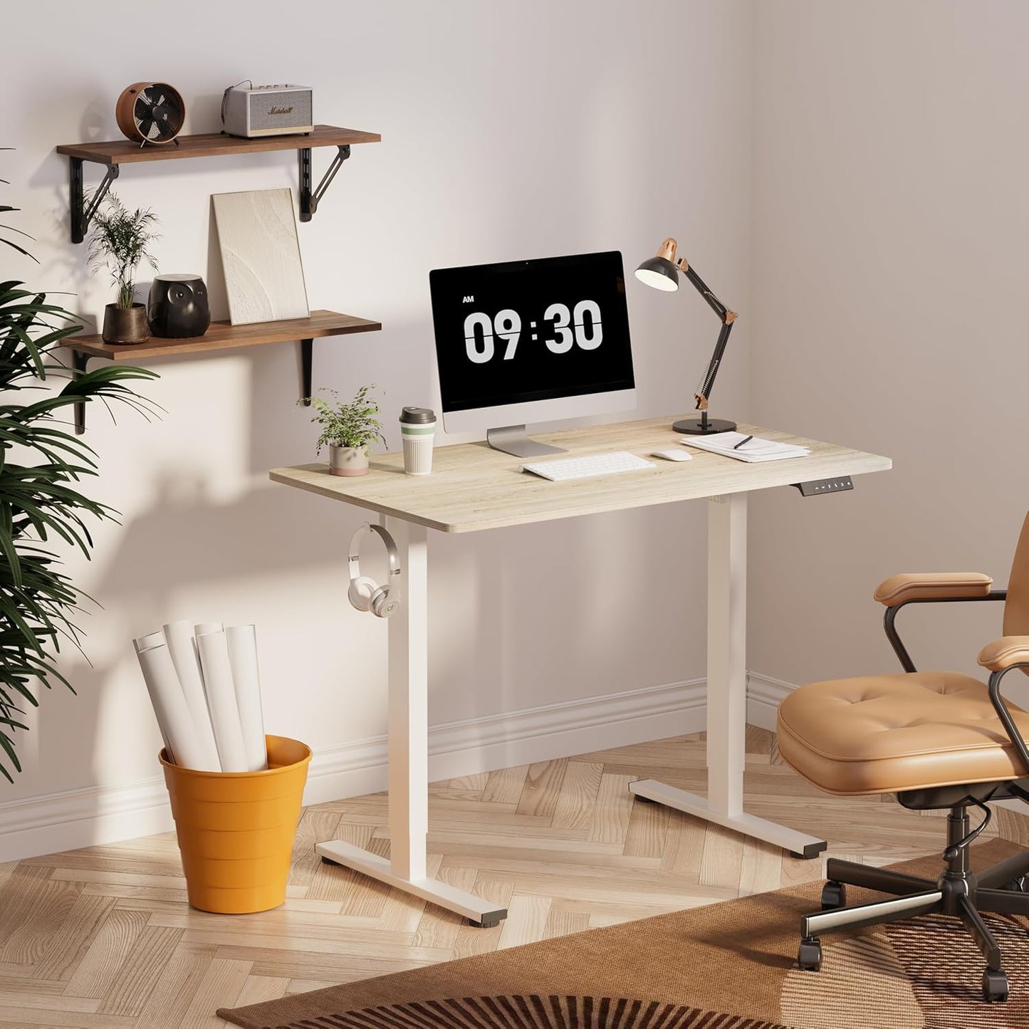 FLEXISPOT EN1 One-Piece Standing Desk, 40 x 24 Inches Electric Height Adjustable Desk for Home Office (White Frame + White Wood Grain Desktop)