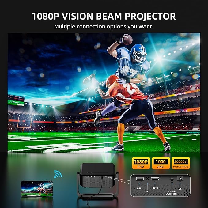 Mini-Projector with WiFi and Bluetooth: [1000 ANSI/360°Adjustable Stand/Electric Focus/Auto Keystone] Portable-Movie-Outdoor-Ceiling-Projector, ONOAYO Upgrade 1080P Proyector for Phone/Home Theater