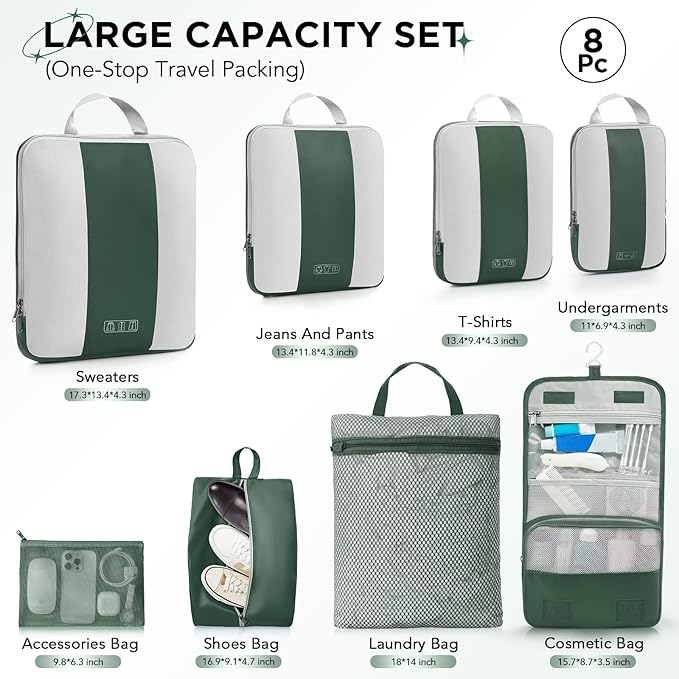 8 Set Compression Packing Cubes for Travel Essentials,Compressible Expandable Packing Cubes for Suitcase,OlarHike Luggage Organizer Bags for Travel,Handy Helper for Organizing Clothes(Dark Green)