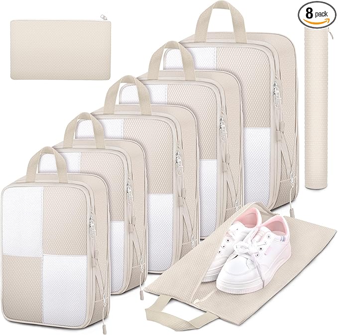 8 Set Compression Packing Cubes for Travel, Expandable Waterproof Travel Organizer, Lightweight Luggage Organizer with Shoes & Laundry Bags, Travel Accessories for Men Women, Beige