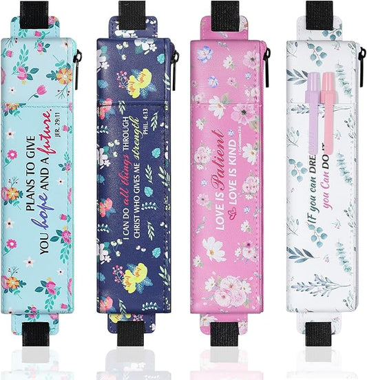 MoKo Elastic Pen Holder for Notebook, 4 Pieces PU Leather Pencil Case with Pocket Adjustable Band, Stationery School Supplies Zipper Bag for Planners, Journals, Book