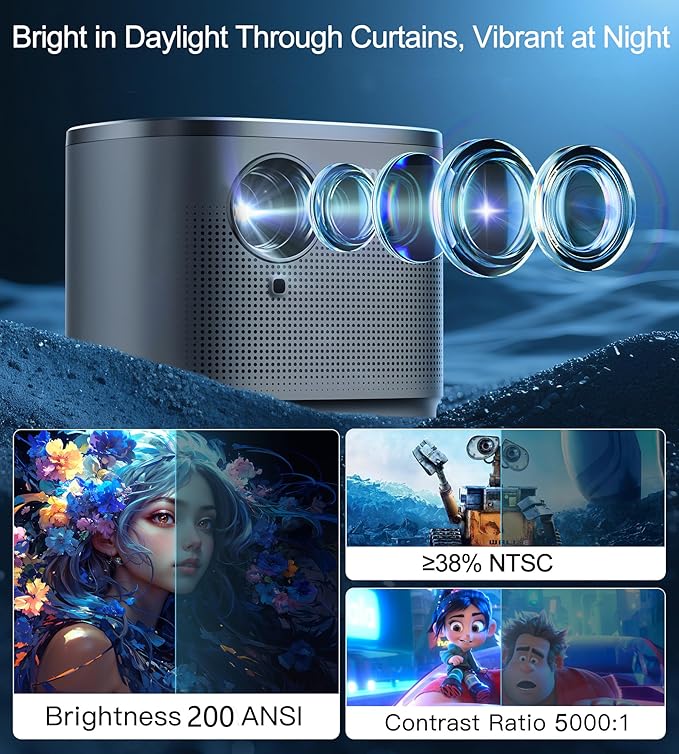 Miroir Mini Projector, Home HD Projector with Built-in Speaker, Auto Focus, Keystone Correction, Portable for Outdoor Movies, Compatible with Smartphone, TV Stick, Laptop, HDMI, USB