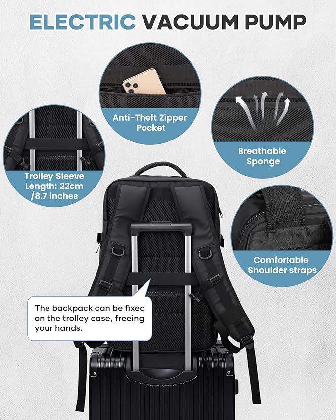 Vacuum Travel Backpack with Pump for Women, Personal Item Carry on Backpacks Flight Approved 18x14x8 inches for Men,Laptop Waterproof Work Compression bags Casual Daypack,Black.