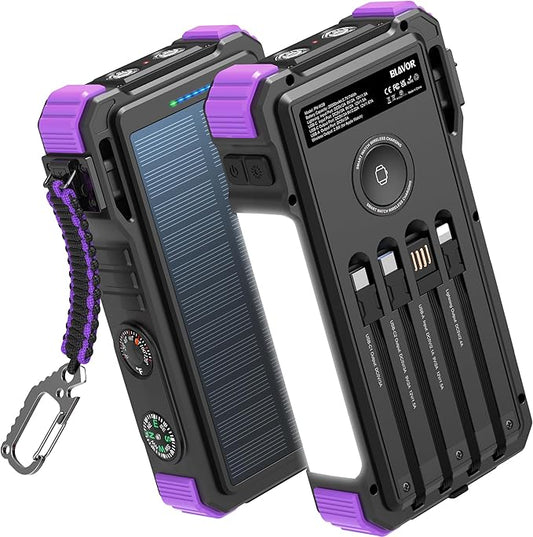 BLAVOR Solar Power Bank 20000mAh/74000mWh Built-in Cables, Wireless Charger for Apple Watch, 20W Fast Charging Battery Pack with USB C, Flashlight, Solar Charger for iPhone, iPad, iWatch, Samsung