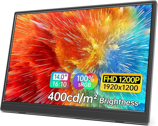 MNN Portable Monitor 14 inch FHD 1920 * 1200P USB C HDMI Ultra-Slim IPS Travel Display w/Speakers, HDR Plug&Play, External Monitor for Laptop PC, Phone,Mac(400cd/m² Brightness)
