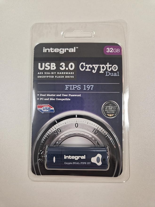 Integral 32GB Crypto-197 256-Bit Hardware Encrypted 3.0 Secure Dual Password Flash Memory Drive - Certified to FIPS 197, Brute-Force Password Attack Protection & Rugged Double-Layer Waterproof Design