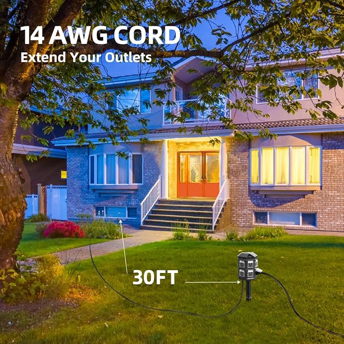 Outdoor Power Strip with 30 FT Extension Cord, 100FT Remote Control, Dusk to Dawn Light Timer Waterproof, 6 Grounded Outlets for Yard, Pool and Garden, ETL Listed