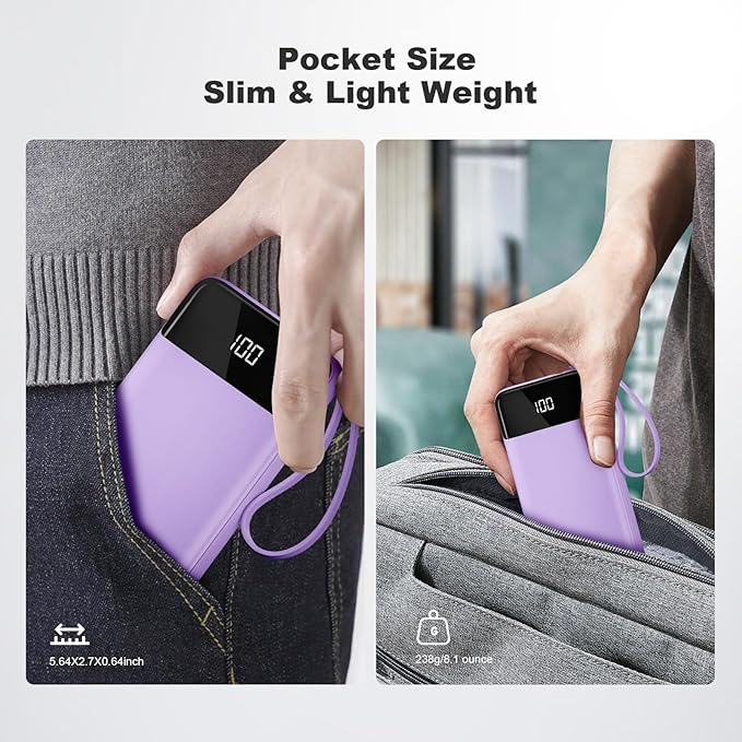 Power Bank 10000mAh Portable Charger with 4 Built-in Cables, Type-C in & Out Phone Charger, External Battery Charger Pack & Travel Essential for iPhone 16/15/14, Samsung, iPad, Android