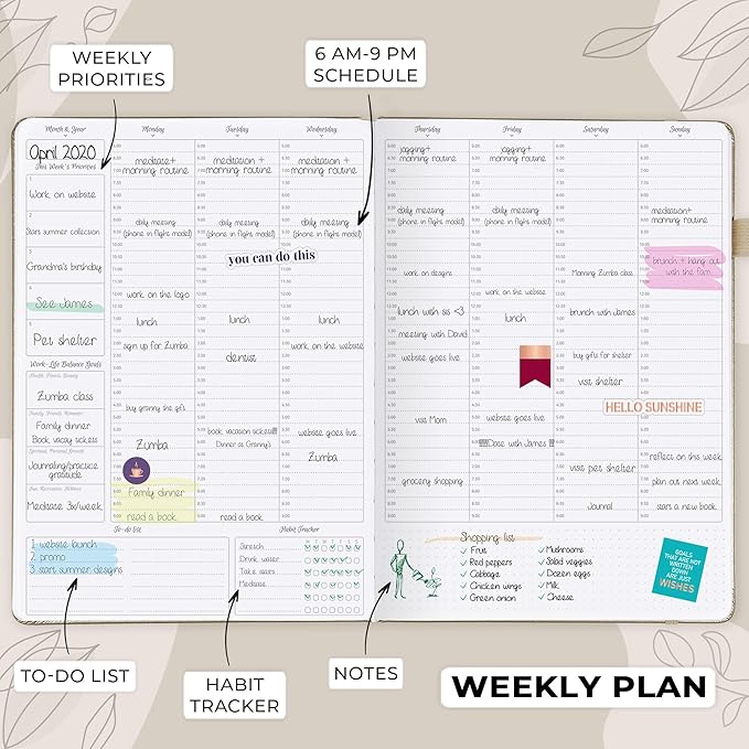 GoGirl Planner PRO Schedule - Undated Planner with Hourly Time Slots, Monthly, Weekly & Daily Organizer, Appointment Book for time Management, 7"x10" Hardcover, Lasts 1 Year - Seashell