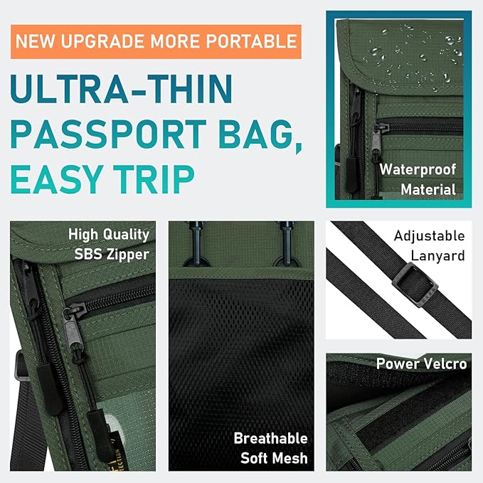 sundee Travel Neck Wallet with Double Zippers, RFID Blocking Passport Holder with Adjustable Neck Strap for Men and Women to Keep Cash, Credit Cards and Travel Documents Safe - Olive Green