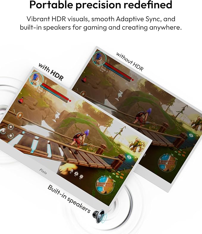 Pixio PX160 Wave White Portable Monitor 15.6 inch 60Hz FHD 1080p IPS Panel HDR Screen Cover Stand USB-C HDMI Laptop Screen Extender Portable Monitor for Laptop, PC, Console, Phone