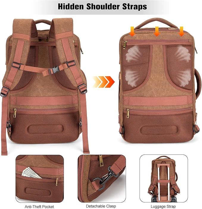 Tzowla 40L Canvas Travel Laptop Backpack for Men Women Carry on Flight Approved,Large Capacity Anti Theft Backpacks with USB Port,Vintage Business Rucksack Bag Fit 17.3 Inch Laptop(Brown & Khaki)