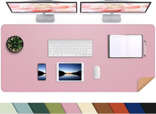 Leather Desk pad Protector, Large Desk mat with Natural Cork & PU Leather,Mouse pad,Non-Slip Office Desk Mat,Waterproof Desk Writing Pad for Office and Home (47in*17in,Rose Pink)