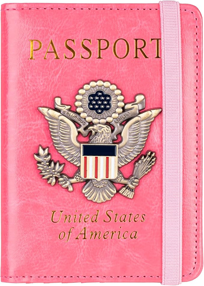 TOURSUIT RFID Blocking Passport Holder for Women Men, Leather Passport Travel Wallet with Metal 3D Metal Badge, Travel Document Holder Cover Accessories (Pink)