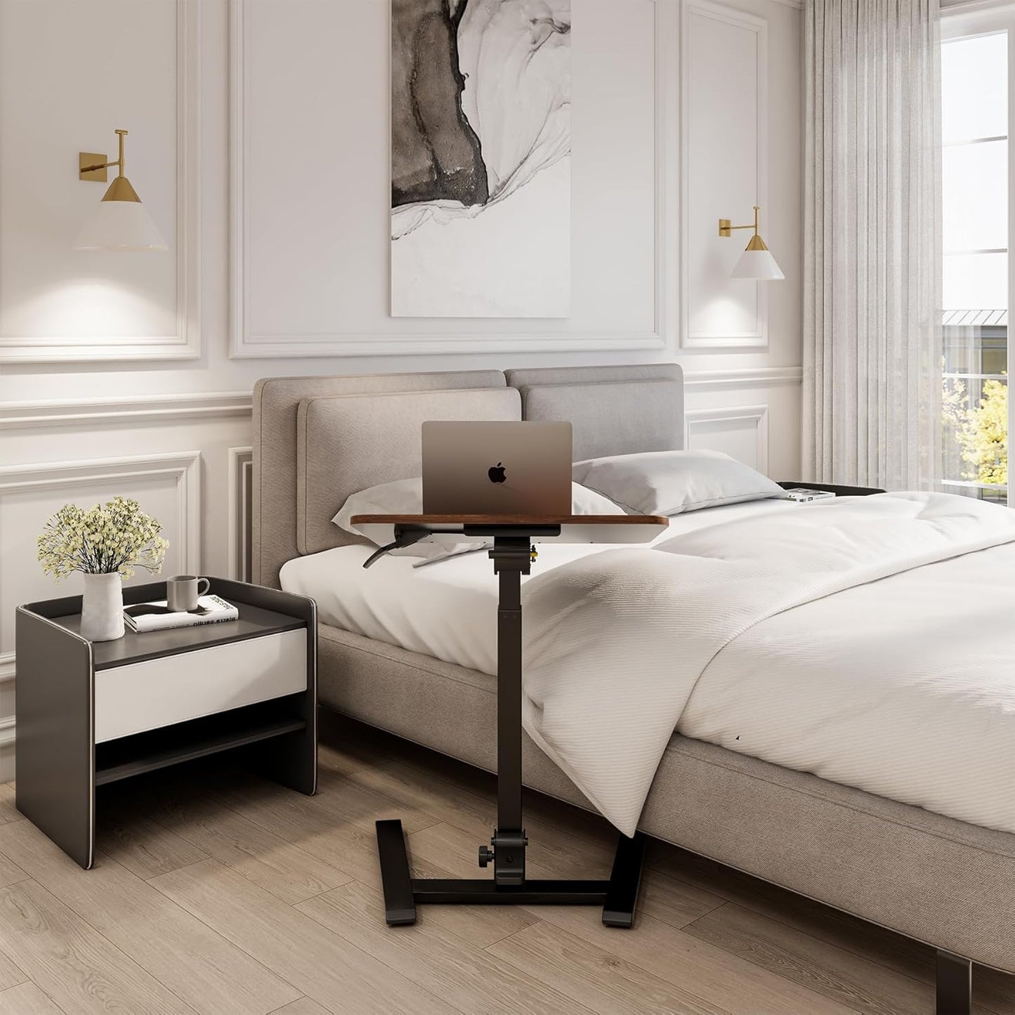 Mobile Folding Desk 25 Inch - No Assembly Sit-Stand Desk,Height Adjustable Rolling Laptop Desk, Space-Saving Portable Desk with Wheels for Home Office Craft & Study, Brown