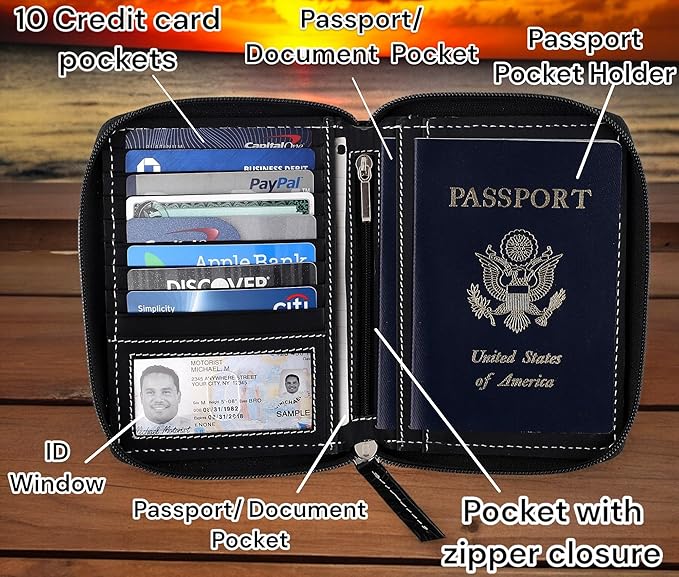 Passport Wallet - Travel Document Holder w/RFID Blocking – Full Grain Leather – Bifold compact zip around Wallet with Credit Card Slots for Women and Men, black floral,500-40