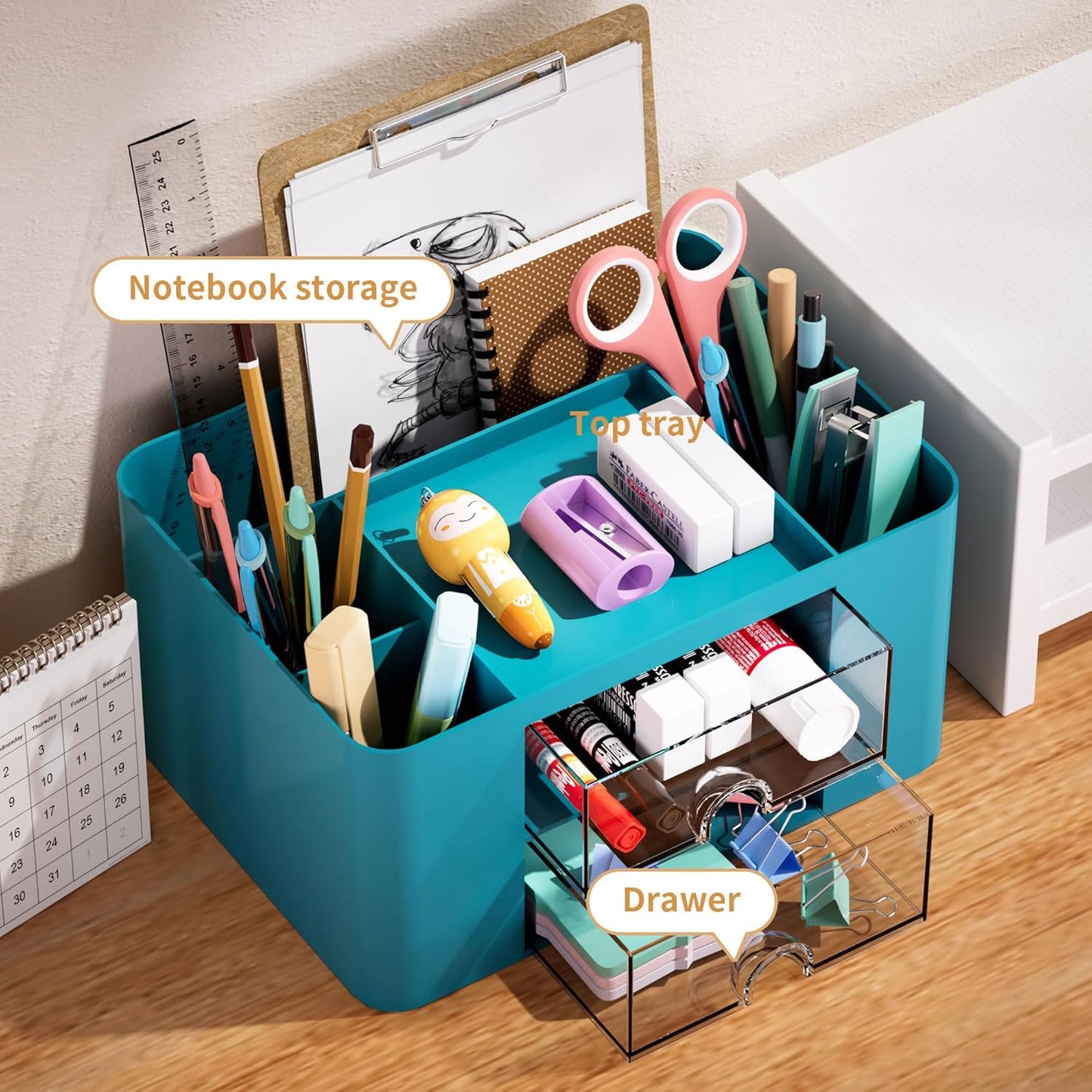 Marbrasse Pen Organizer with 2 Drawer, Multi-Functional Pencil Holder for Desk, Desk Organizers and Accessories with 5 Compartments + Drawer for Office Art Supplies (Dark Green)