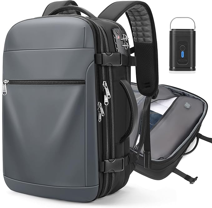 Vacuum Backpack Travel,60L Expandable Vacpack Backpack with Vacuum Pump, Water Resistant &TSA Lock, Easyvacpack Carry On Backpack Flight Approved Fits 17.3" Laptop, Grey