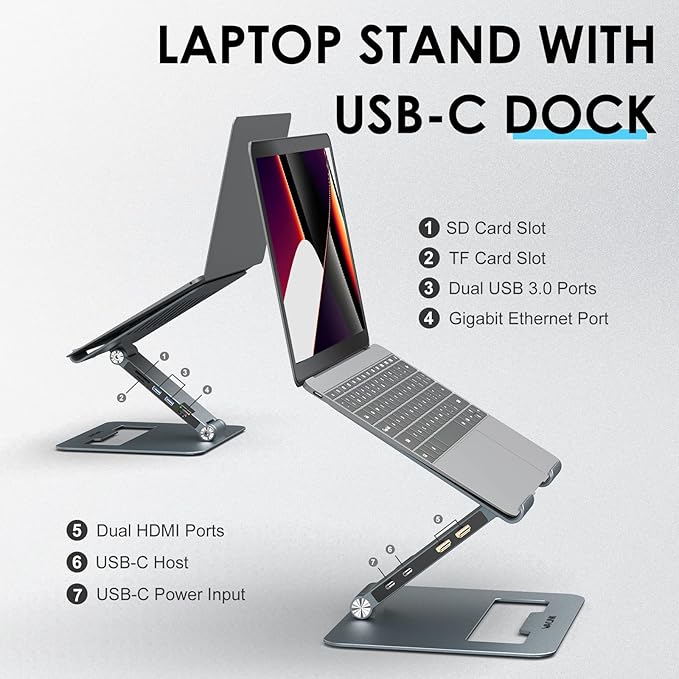 WAVLINK Adjustable Aluminum Laptop Stand with USB C Dock, Ergonomic Portable Computer Riser for MacBook, Windows, 10"-17" Notebook and Tablet(2HDMI,PD3.0,SD/TF,RJ45 Ethernet,2USB 3.0 Ports)