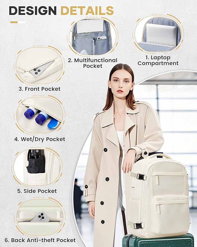 Vacuum Travel Backpack with Pump for Women,Personal Item Carry on Backpacks Flight Approved 18x14x8 inches for Men,Laptop Waterproof Work Compression bags Casual Daypack. Beige