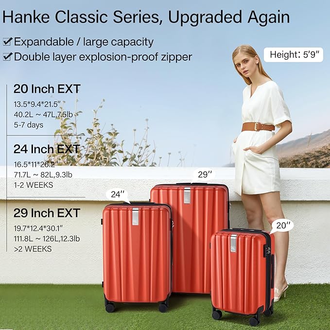 Hanke Expandable Hard Shell Luggage Sets 2 piece Carry on Luggage with Wheels Suitcases Lightweight Checked TSA Luggage Rolling Large Suitcase Travel Luggage Bag Woman Men 20/29 Inch(Orange)