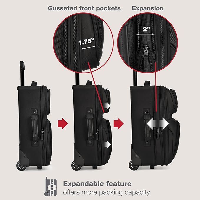 U.S. Traveler Rio Fabric Expandable Carry-on Luggage, Rolling Suitcase, Black, 2 Wheel Set