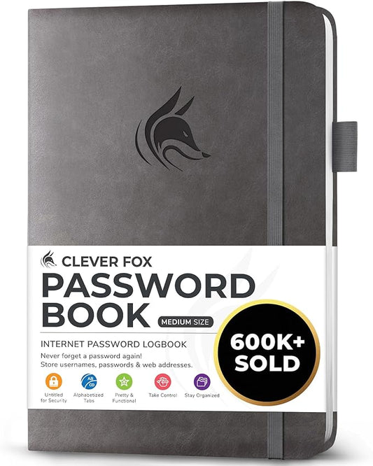 Clever Fox Password Book with alphabetical tabs. Internet Address Organizer Logbook. Medium Password Keeper for Website Logins (Gray)