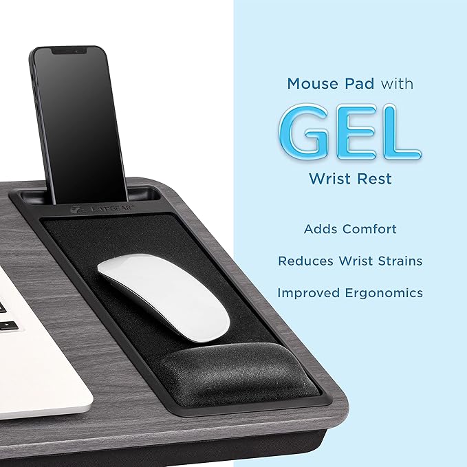 LAPGEAR Extra Large Adjustable Lap Desk with Gel Wrist Rest, Mouse Pad, Phone Holder, Device Ledge, and Booster Cushion - Gray Woodgrain - Fits up to 17.3 Inch Laptops - Style No. 88105