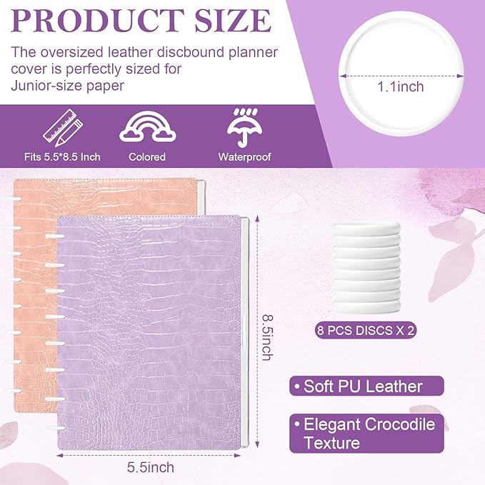 2 Pack PU Leather 5.5x8.5in Discbound Notebook Cover And Disc Set Discbound Planner Cover With 16 Pcs Expansion Discs Junior Size Disc Bound Notebook Accessories(Pink&Purple，No Inner Paper)