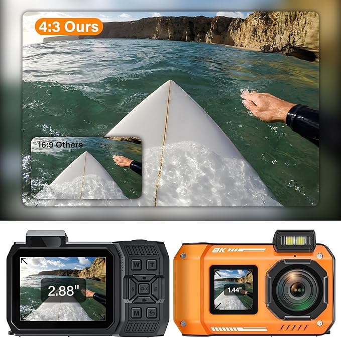 8K UHD 70MP WiFi Digital Camera with 64GB Card Rugged Waterproof Dustproof Shockproof 33FT Underwater Camera Dual-Screen Selfie for Snorkeling Autofocus Point and Shoot Digital Camera (Orange)