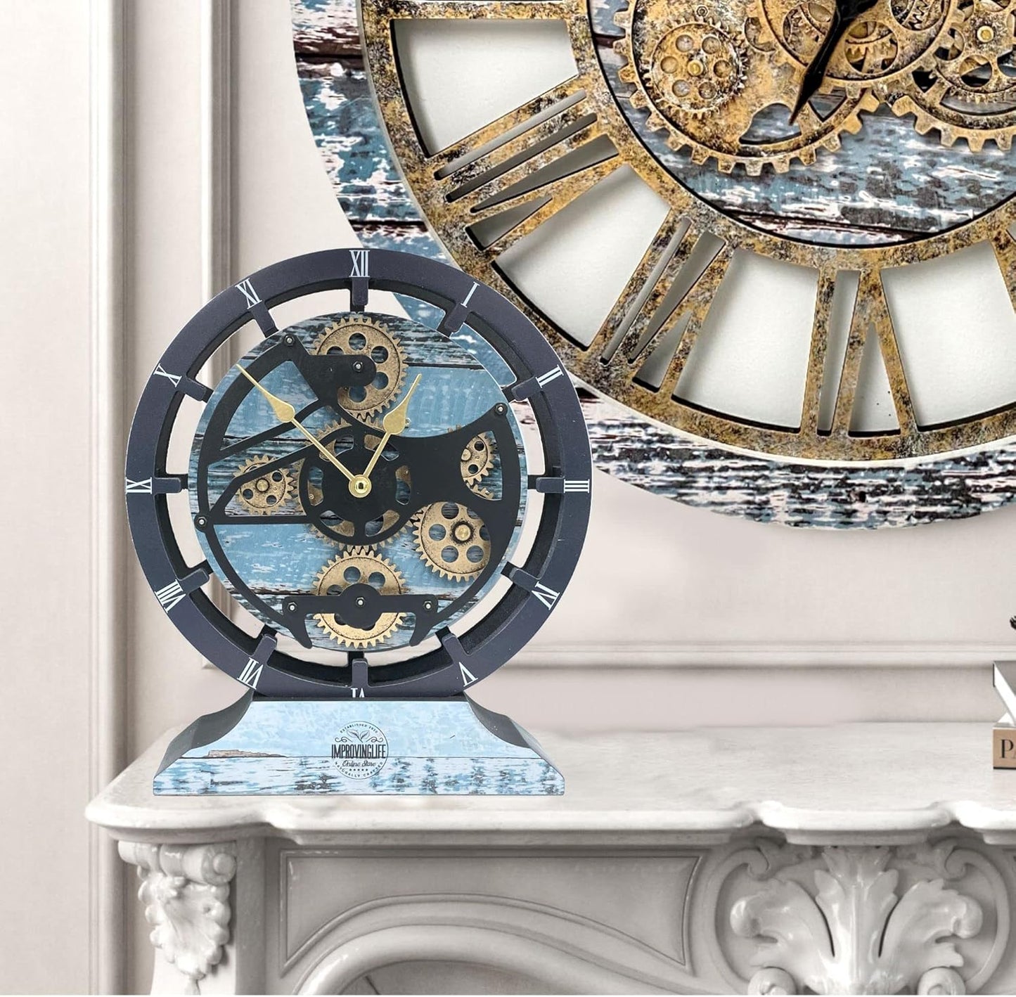 The Gears Clock Desk Clock 10 inches with Real Moving Gears Convertible into Wall Clock (Aqua Green)