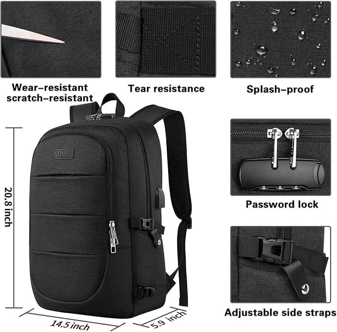 AMBOR Travel Laptop Backpack,18.4 inch Anti Theft Business Laptop Carry on Backpack with USB Charging Port and Headphone Interface, Backpack for Men & Women,Black