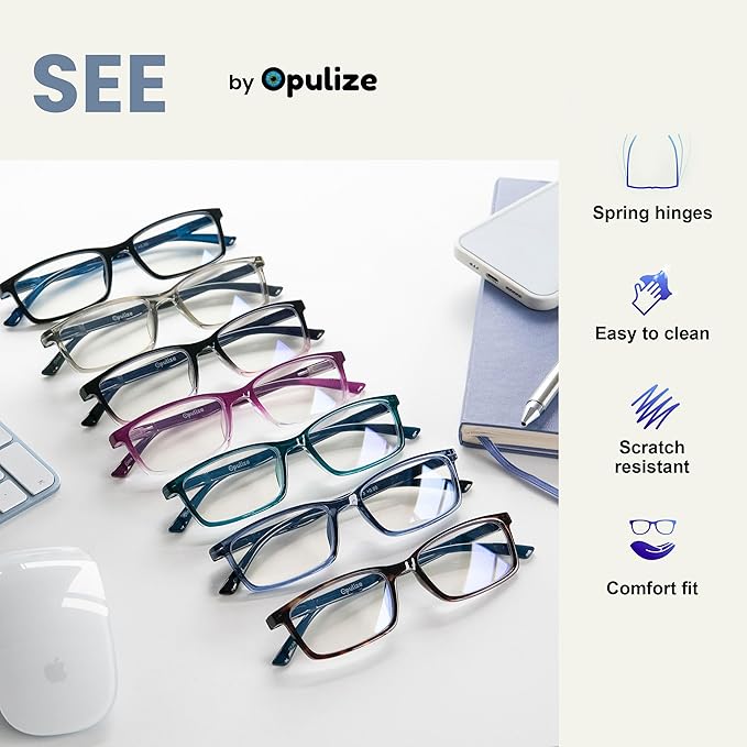OPULIZE SEE Reading Glasses with Blue Light Blocking for Women and Men, Narrow Frame, Spring Hinges, Computer Gaming Glasses, Black,Blue +0 (Pack of 2)