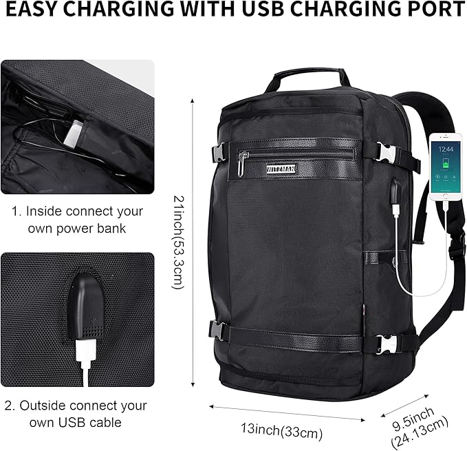 WITZMAN Travel Backpack for Men Women Laptop Backpack with USB Charging Port Carry-on Luggage Flight Approved(B686 Black)