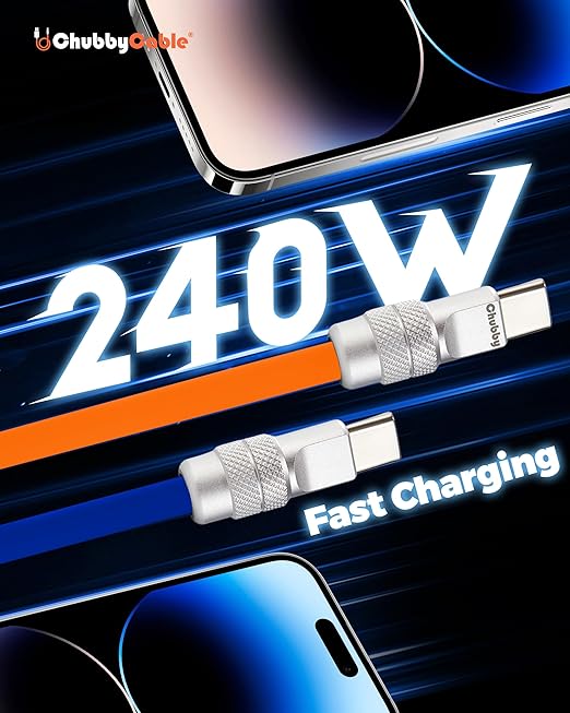 chubbycable Couple Chubby 2-Pack 240W USB C Cable Extra Thick Silicone Fast Charging Cable Compatible with iPhone 17-15 Series iPad Galaxy Series, Dark Blue+Orange, Type-C to Type-C, 3.3FT