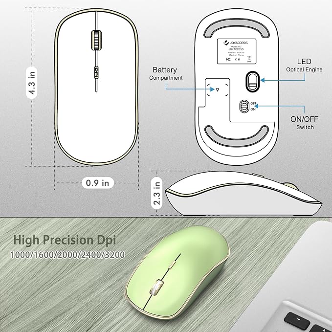 JOYACCESS J 2.4G Slim Wireless Silent Mouse - Portable Wireless Computer Mouse with 5 Adjustable DPI Levels, USB for Desktop, Notebook, MacBook, Chromebook, PC (Light Green)