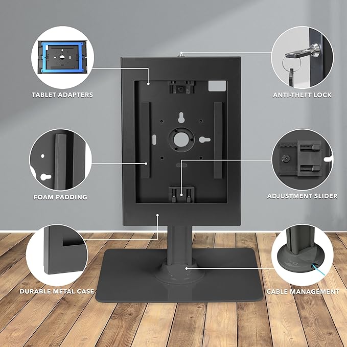 Mount-It! Anti-Theft Tablet Kiosk, Locking Countertop Tablet Enclosure with Freestanding Base, Universal Enclosure Compatible with iPads Gen 7, 8, 9 and 10, iPad Pro, iPad Air, Black