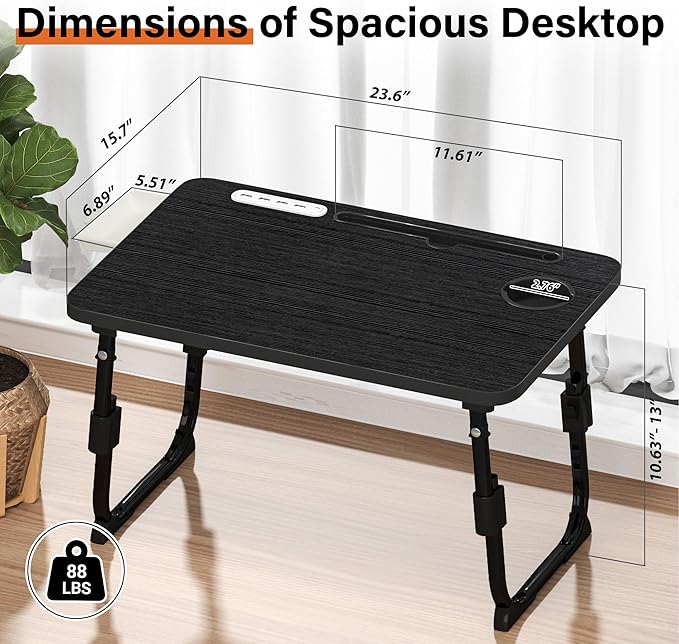 Laptop Desk for Bed Height Adjustable, Lap Bed Table with USB/Storage Drawer/Cup Holder/Tablet Stand/Book Shelf, Foldable Breakfast Tray Portable for Reading Writing, Sofa & Floor, Black