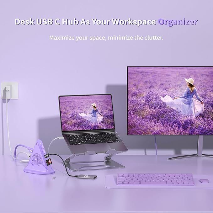 8-in-1 USB C Hub, Purple RGB Docking Station with 4K HDMI, 100W PD, 5Gbps USB 3.0, SD/TF Card Reader, Type C Adapter for MacBook Air, Dell XPS, Surface, etc.