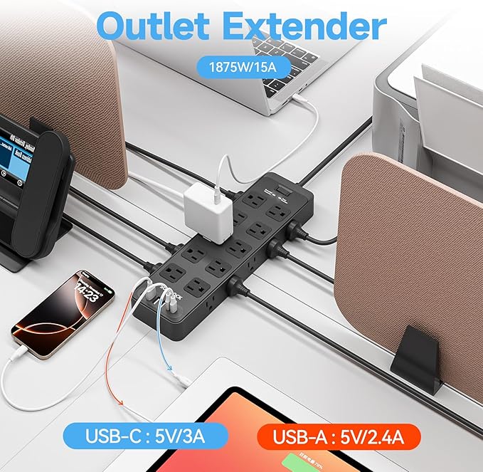 Flat Plug Power Strip Surge Protector with 20 AC Outlets 6 USB Ports, 1875W/15A, 2700 Joules, 6 Ft Heavy Duty Extension Cord with Multiple Outlets for Home, Office, Dorm, Gaming,ETL Listed