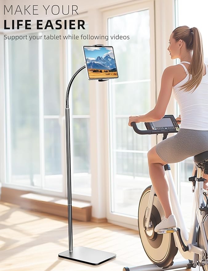 iPad Stand, Adjustable Tablet Floor Stand Metal Tablet Holder with Flexible Gooseneck, Compatible with iPad, Kindle, and Cell Phones (4.7''-13''), Ideal for Hands-Free Use