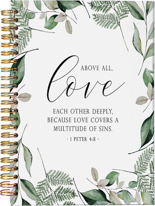 VNWEK Bible Scripture 1 Peter 4:8 Above All Love Each Other Deeply Greenery Spiral Notebook Journal 5.5 x 8.3 inches,Christian Lined Hardcover Spiral Notebook,Christian Gifts for Women Men Faith Teens
